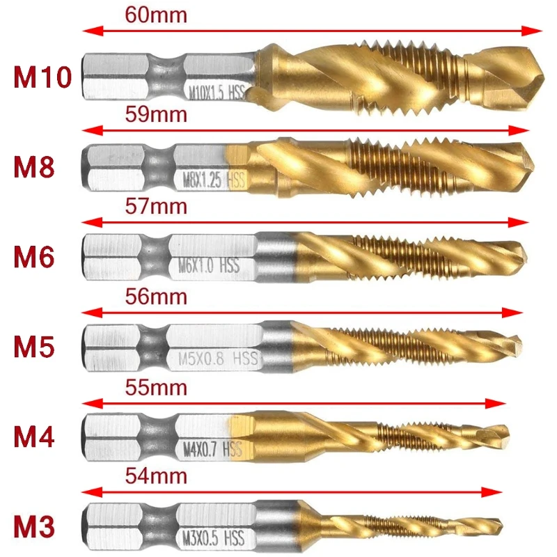 

Hex Shank Titanium Plated Screw Thread Metric Tap Drill Bits Screw Machine Compound tap M3 M4 M5 M6 M8 M10 Hand Tools
