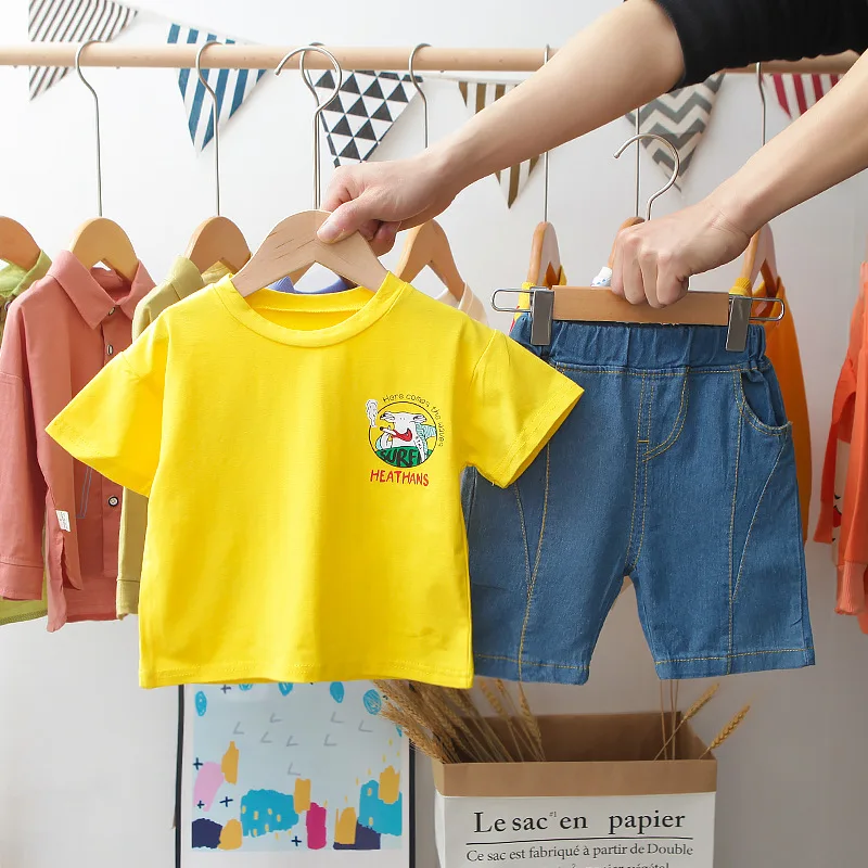 

New Summer Children Set Clothing Baby Boys Girls Cool Printing Short Sleeve T-shirt+solid Denim Shorts Set Infant Toddler Outfit