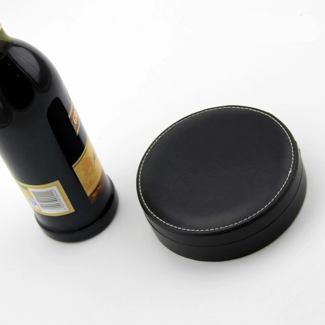 

Black round leather box wine utensils including 4 stainless steel tools wine corkscrew wine pour bottle stopper wine ring