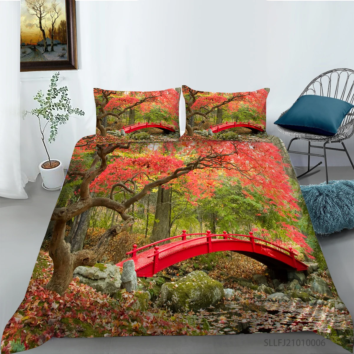

New Arrival Red Bridge in the Forest Printing Bedding set Quilt cover with pillowcases Twin Full Queen King sizes 2/3pcs