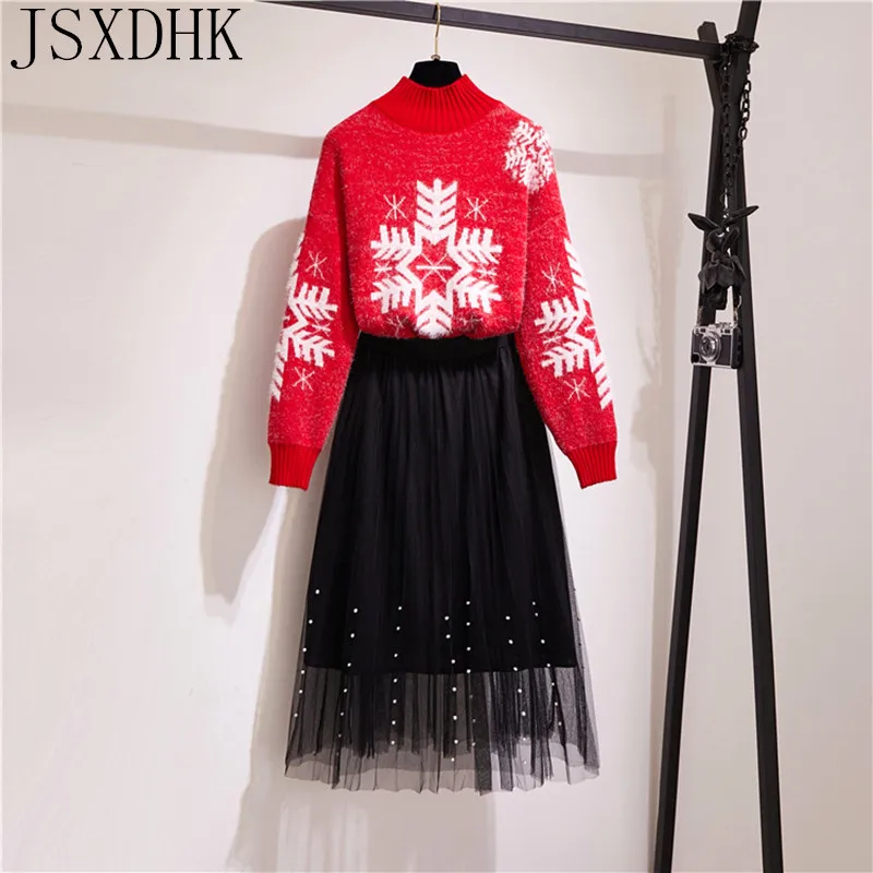 

JSXDHK Autumn Winter New Women Half Turtleneck Long-sleeved Snowflake Warm Sweater Two piece Beaded Mesh Long Skirt Sets