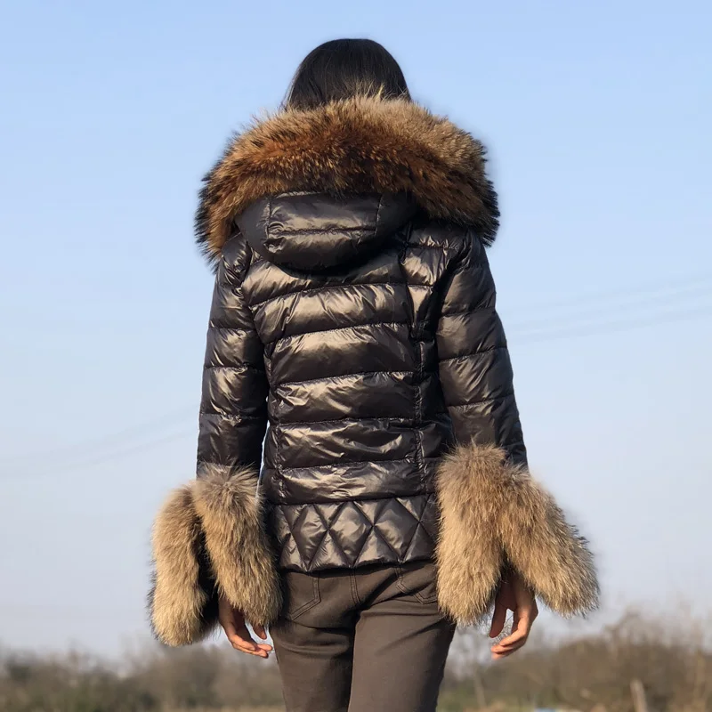 Fandy lokar, утиный пух, куртки, женские, зимние, теплые, настоящий, большой мех енота, с капюшоном, пальто, женское, настоящий мех кролика, пуховик