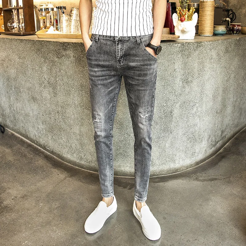 Fall/winter 2021 new casual grey jeans men's stretch Korean slim feet young men's trendy diagonal pocket pencil denim trousers