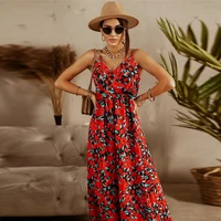 2021 summer floral beachwear maxi dress women sexy slim v neck spaghetti strap boho robe longue casual vacation cut out vestido