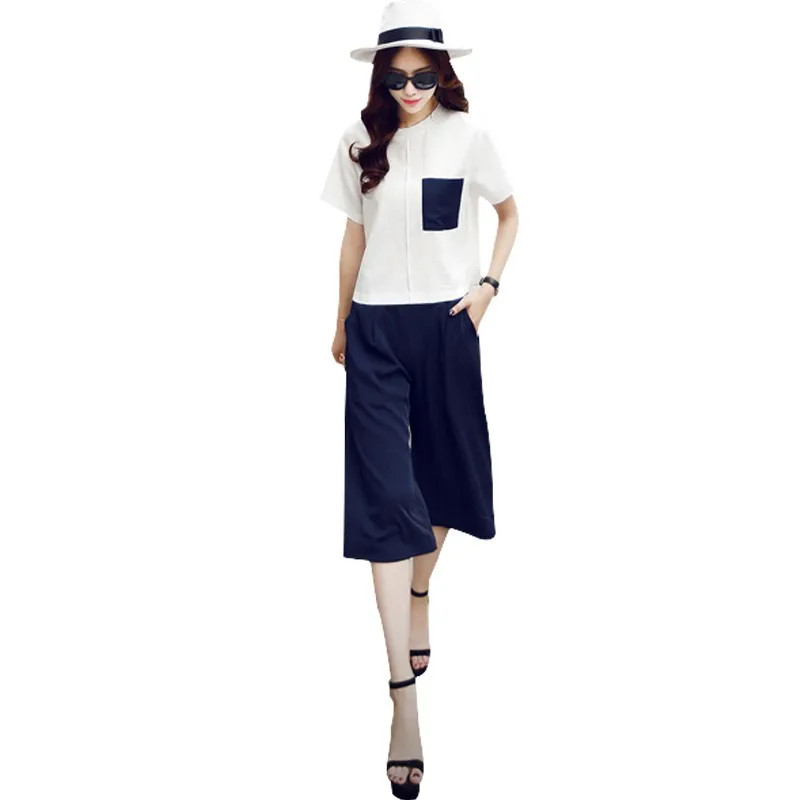 

Female Fashion Softy LovelyTwo Piece Sets Summer Casual O-neck Short Sleeve Tops+ Wide-Leg Pants Woman Clothes