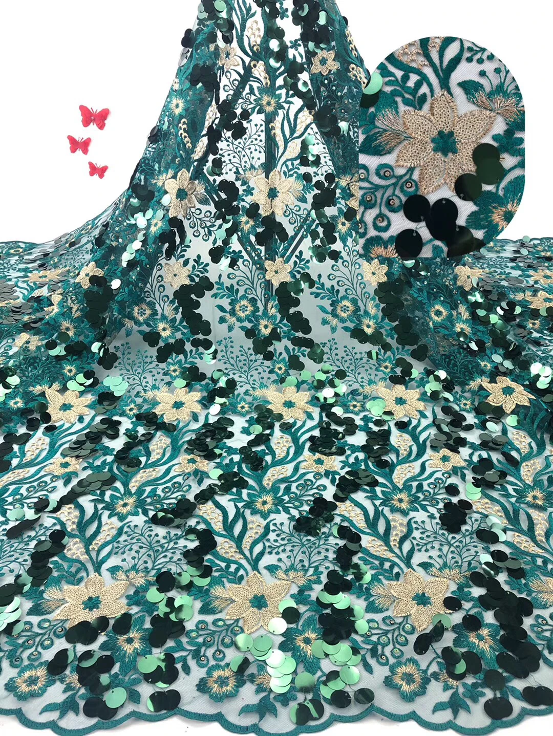 

French sequined lace fabric 2019 African tulle lace fabric high quality Nigerian sequins lace embroidered wedding JH00551