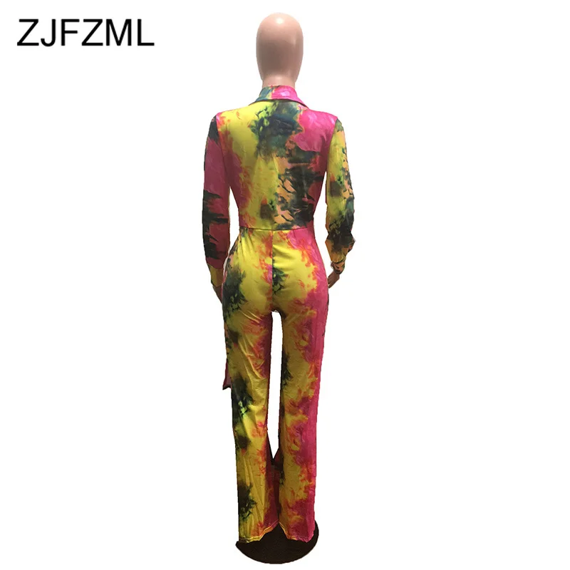 

Colorful Tie Dye Print Sexy Jumpsuits Women Turn Down Collar Long Sleeve Party Romper Autumn High Waist Tie Up Wide Leg Bodysuit