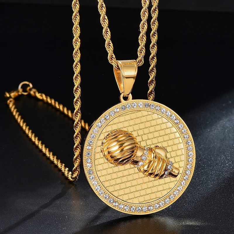 

US7 Rock Punk Microphone On Tag Necklace & Pendant Men Women Stainless Steel Gold-color CZ Stone Hip Hop Necklace