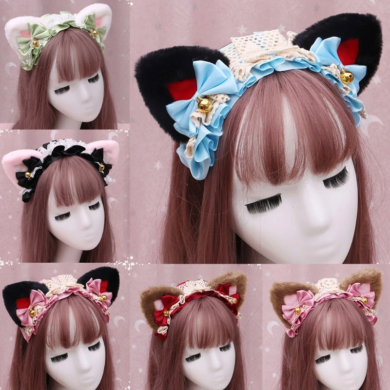 

Anime Lolita Cosplay Animal Headband Cute Plush Cat Ears Ruffled Lace Ribbon Bowknot Bell Hair Hoop Masquerade Headpiece