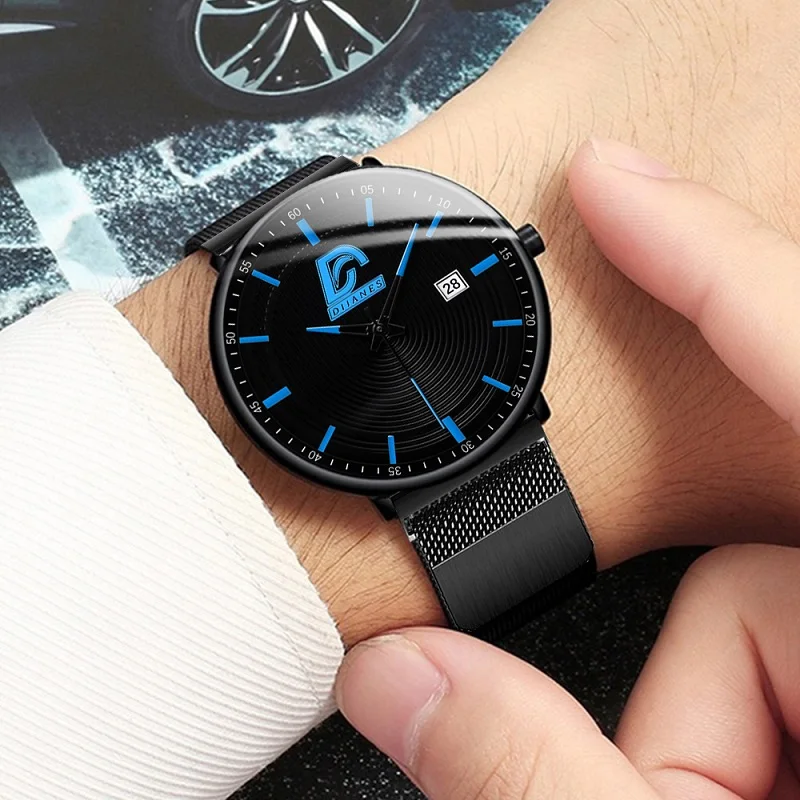 

reloj hombre Mens Fashion Minimalist Ultra Thin Watches Men Business Stainless Steel Mesh Belt Quartz Watch relogio masculino