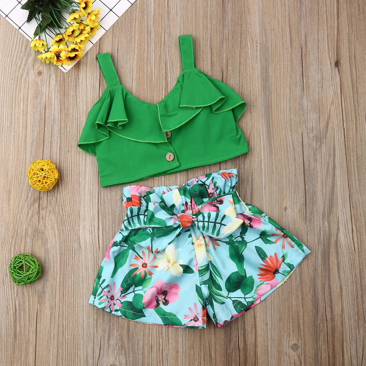 Emmababy Brand Toddler Baby Girls Floral Vest Falbala Sleeveless Off Shoulder Crop Tops Printed Shorts Outfits Clothes | Детская одежда