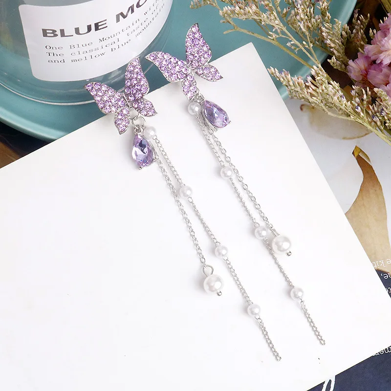 

Korean Shiny Butterfly Rhinestone Drop Earrings For Women Elegant Pearl Tassel Pendientes Party Jewelry Fashion