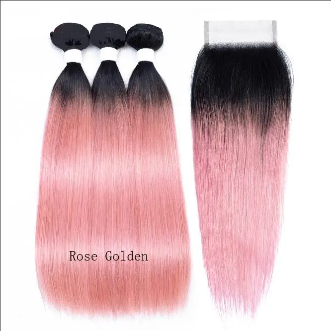 Коллекция BOBBI 2/3 пряди с закрытием Омбре розовый красный перуанские прямые волосы предварительно окрашенные Remy человеческие волосы для наращивания - Цвет: Rose Golden RG