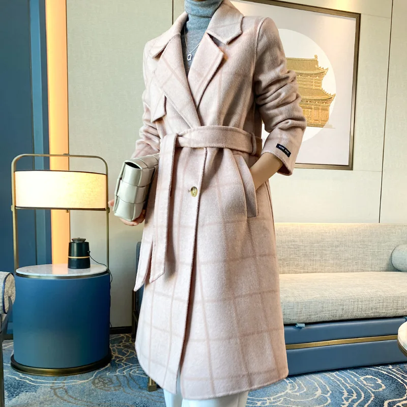 

Женское шерстяное пальто средней длины, приталенное и свободное двубортное пальто со шнуровкой и воротником-стойкой, 2022