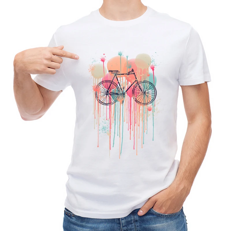 

TEEHUB Fashion Watercolor Love Bicycle Printed Men T Shirt Funny Bike T-shirt Short Sleeve O-Neck Tops Cool Tees
