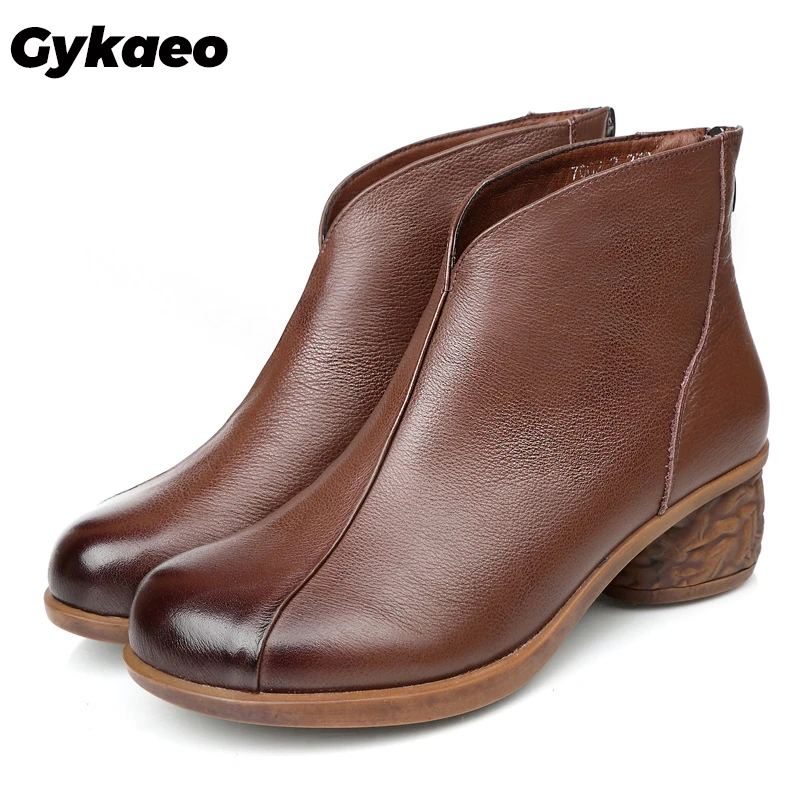 

Gykaeo Genuine Leather Botas Mujer Invierno 2022 Fashion Boots Women Cowhide Leather Plush Warm Shoes Ladies Retro Ankle Boots