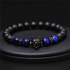 Новый браслет ручной работы с бусинами 8 мм, мужской браслет из натурального камня с синими бусинами тигрового глаза, черный брелок-Чарм в форме головы волка бижутерия Энергетический Браслет