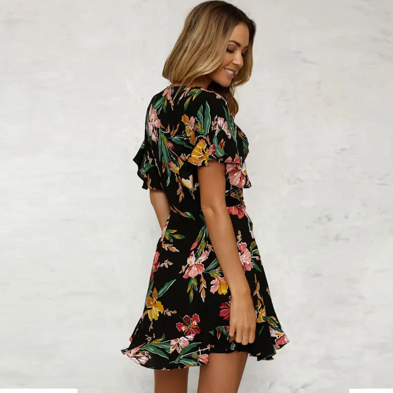 

Women Boho Short Mini Dress Summer Floral Printed V-Neck Bow Knot Beachwear Sundress Ladies Short Sleeve Ruffles Loose Vestidos