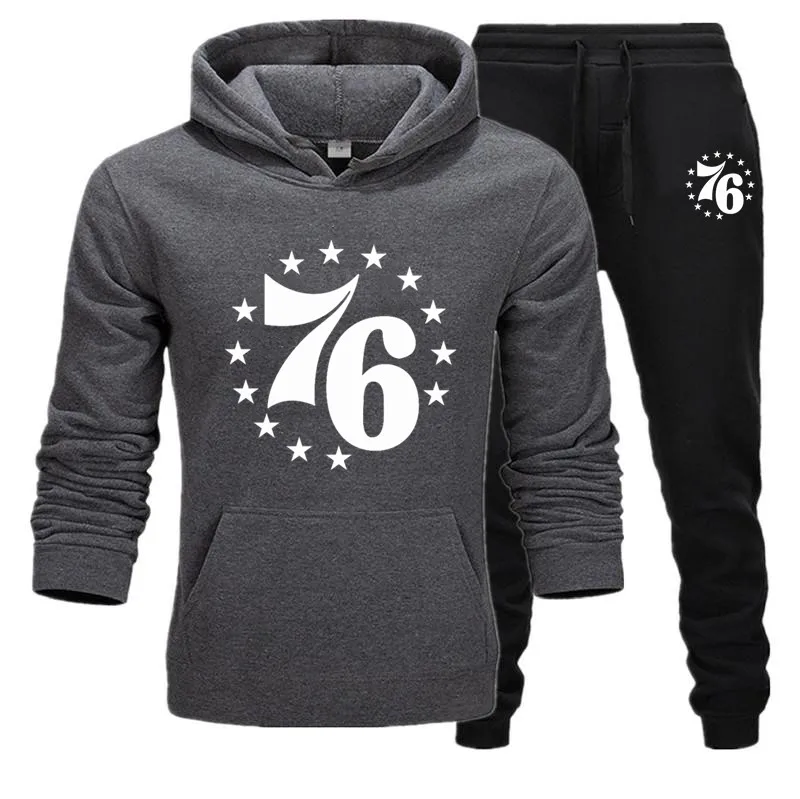 Dark Grey Black Спортивный костюм для мужчин, комплект из 2 предметов, 76 Звездный принт, мужская спортивная одежда, толстовки с капюшоном, Осень-зима, Брендовые мужские толстовки с капюшоном+ спортивные штаны, комплекты - Цвет: Dark Grey Black