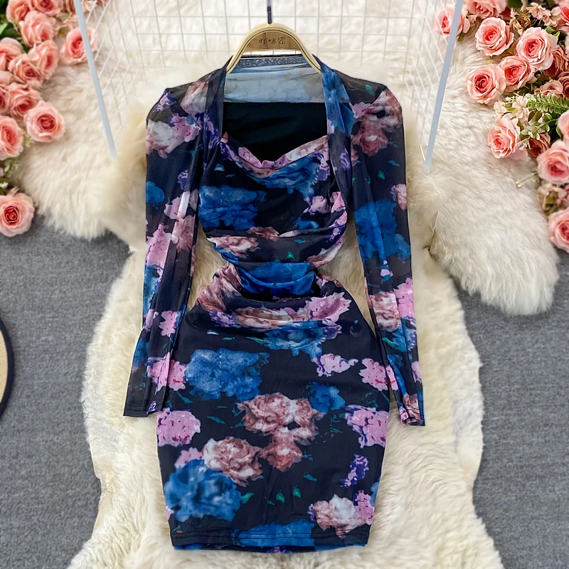 

Сексуальное Сетчатое облегающее мини-платье с принтом для женщин, женская Праздничная Клубная одежда с длинным рукавом и высокой талией, ве...