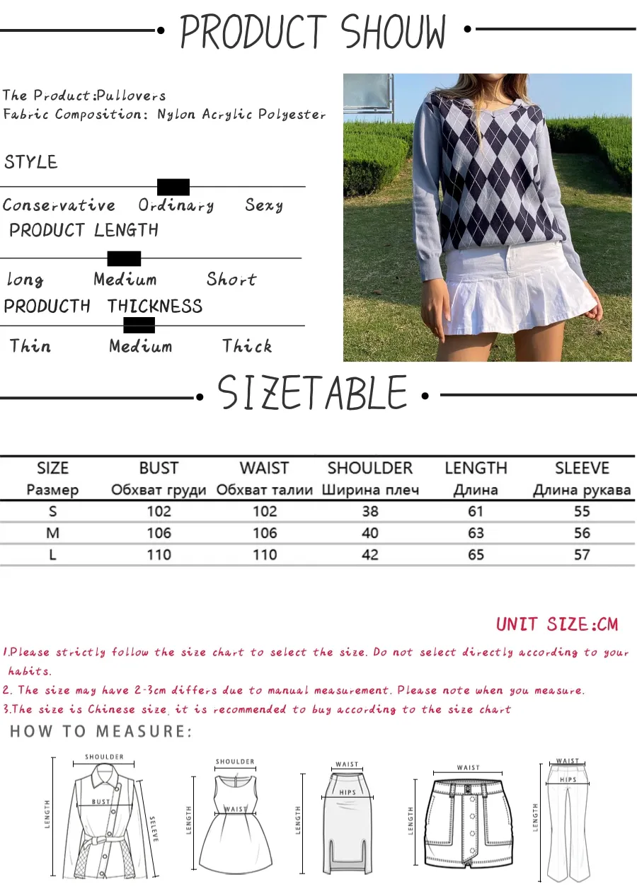 

Jocecat Argyle Plaid Oversized Jumpers For Women Preppy Style 90s Pullover Knitwear V Neck Long Sleeve Autumn Winter Sweaters