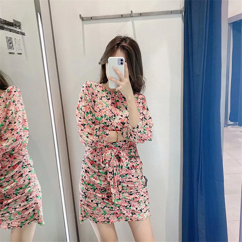 Женское мини-платье с круглым вырезом GLAUKE Повседневное платье и длинными