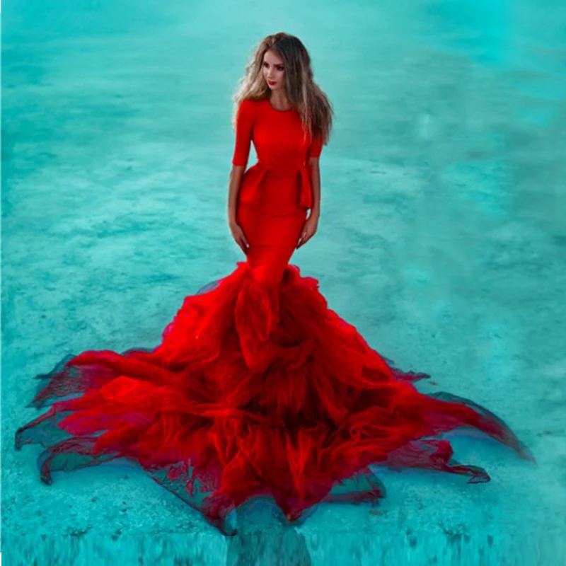 

Gorgeous Red Fish Tail Evening Gowns Satin Long Sleeves Mermaid Tulle Sweep Train Prom Dresses Zipper Back Arabia Robe De Soiree