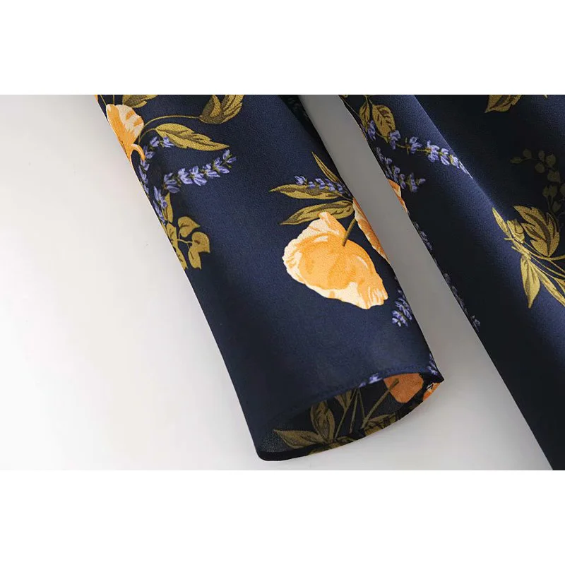 

2020 New Autumn Women Dress Sashes Floral Print V-Neck Long Sleeve Mid-Calf Dresses Female Casual Fashion Women Clothes