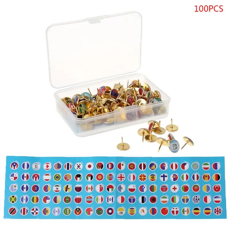 

P82F 100pcs/box Map Tacks National Flag Glue Thumbtack Push Pins Notice Board Markers Office School Supply