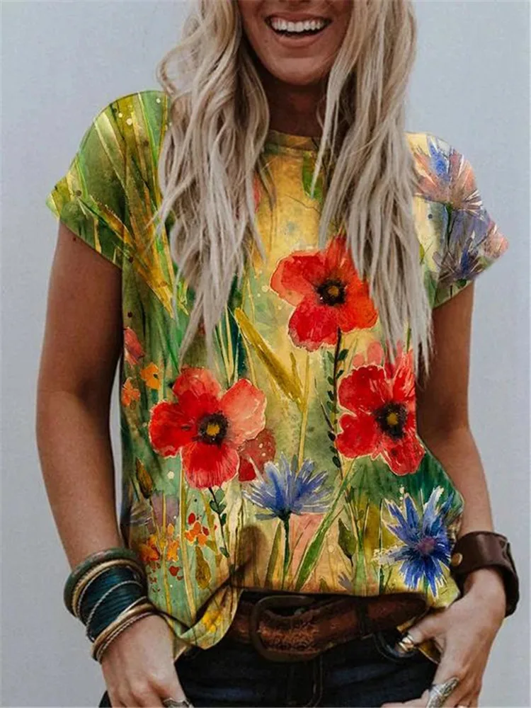 

Women's Summer 3D Floral Print T-Shirt Short Sleeve O-neck Shirt Casual Tee Tops Female Casual Loose Plus Size Tee Clothes NEW