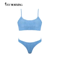 say morning sexy bikini 2021 pleated women solid two pieces swimsuits bathing suits swimwear woman swimsuit beach wear biquini