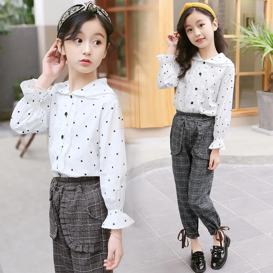 Children School Clothes Dot Pattern Costume For Girls White Blouse + Jumpsuit 2PCS Tracksuit Girl Plaid Kids Clothing |