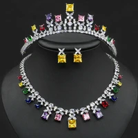 hibride multi color 3pcs necklace earring with tiara square design women bridal wedding jewelry sets party accessories n 1658