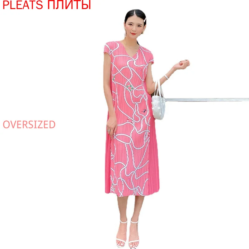 

Miyake/синее темпераментное платье средней длины с принтом, новое летнее плиссированное платье с короткими рукавами, элегантное платье со складками, Vestido