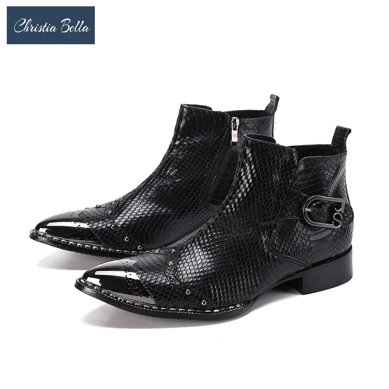 

Christia Bella Winter Genuine Leather Men Ankle Boots British Brock Carving Formal Business Boots Male Party Dress Boots Black
