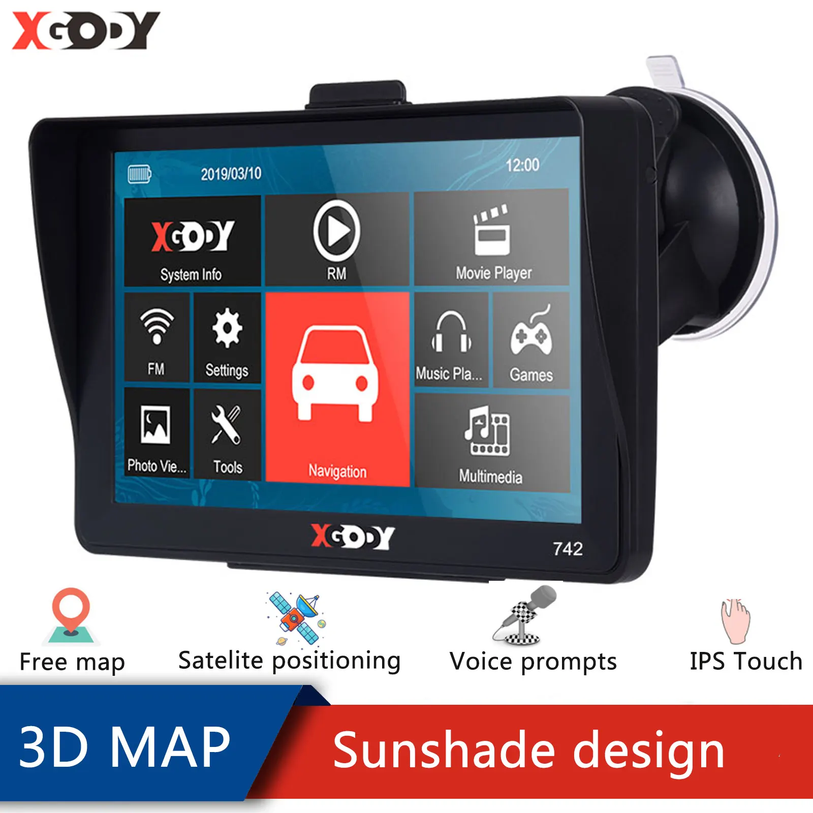 Автомобильный GPS навигатор Xgody 7 дюймовый 256M + 8GB 742 автомобильный Sat Nav Bluetooth