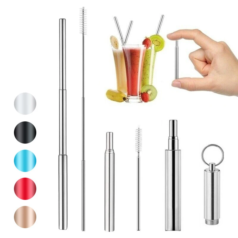 Telescopic Stainless Steel Straws Drinking Reusable Straw Metal Foldable +Brush | Дом и сад