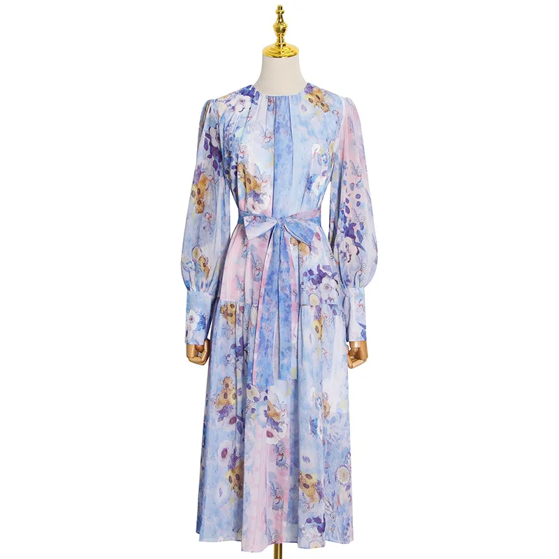 

Summer fashion retro round neck lantern sleeve lace-up waist dress long female 28352