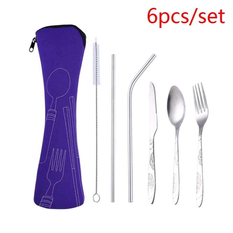 purple 6pcs 3 шт./6 шт./компл. Портативный Нержавеющая сталь набор столовых приборов цветок картина вилка ужин набор посуды домашней утвари посуды сумка - Цвет: purple 6pcs