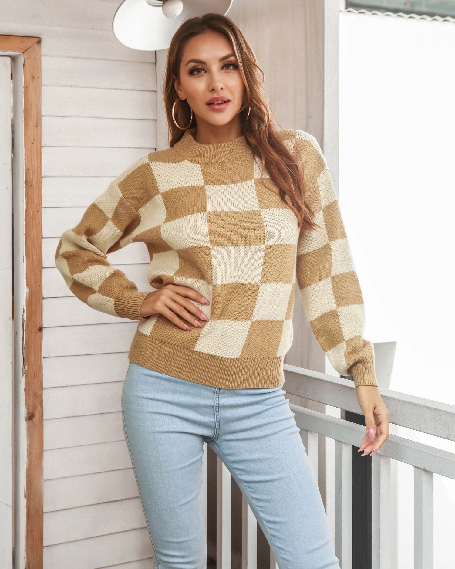 

Women Knitted Plaid Sweater Autumn Casual Loose Basic Long Sleeve Top Elegant Warm Black Pullover Vintage Streetwear Sweaters