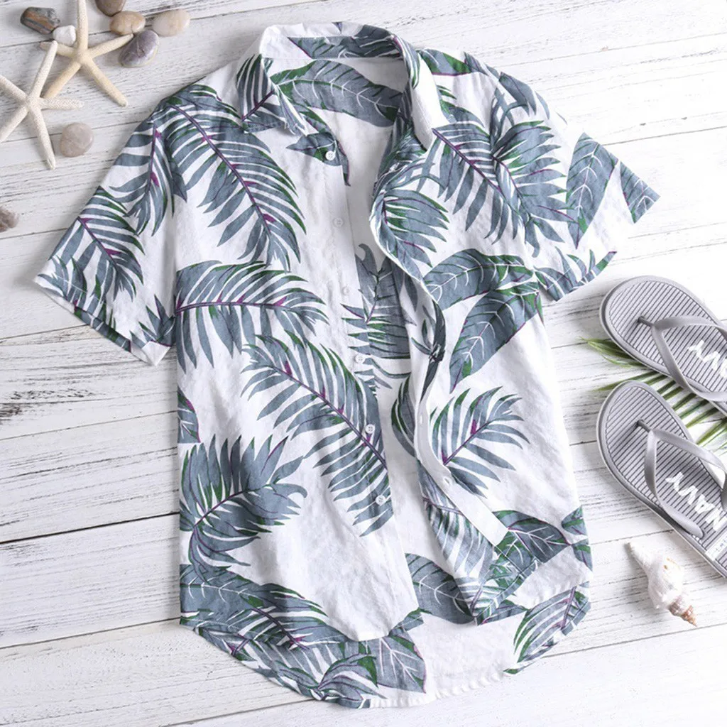 

Men Summer Holiday Beach Casual Leaf Printed Button Down Shirts Gentlemen Regular Fit Hawaii Vacation Short Sleeve Shirts