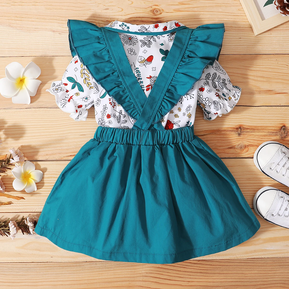 

Two Pieces Baby Kids Girls Outfits Short Sleeve Print Top Solid Ruffle Button Suspender Skirts Summer Infant Toddler Sets 12M-5T