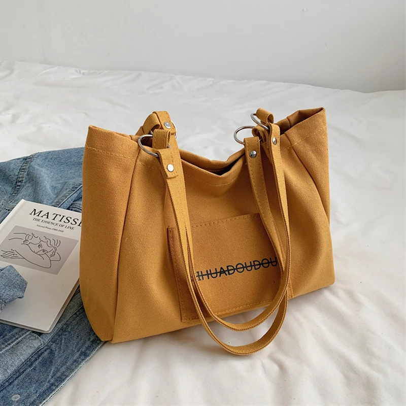 

Large Capacity Canvas Shoulder Women's Bag 2021 Winter Female Letter Printing Design Handbags Casual Underarm Shopper Tote Bags