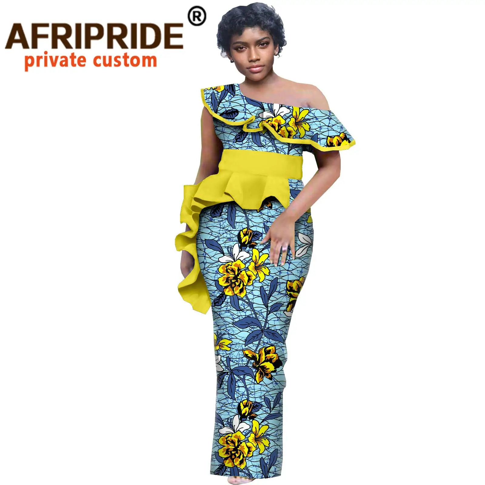 

Afripride African Party Dress for Women Tailor Made Ruffled Collar and Sash Floor Length Women Party Dress A2125009