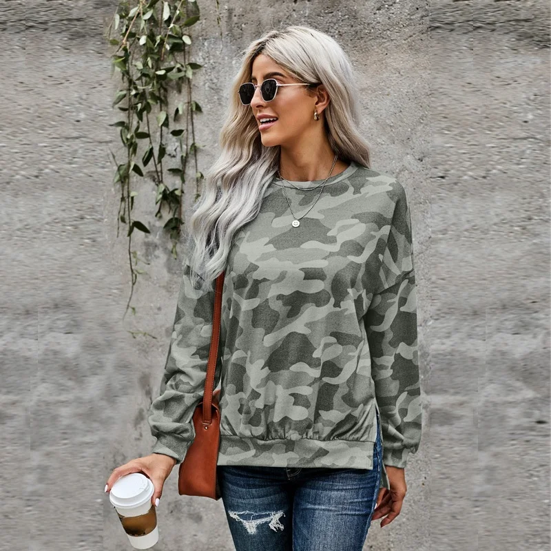 

Women's Sweater European and American Long Sleeve Autumn Street Style Camouflage Pattern Round Neck Pullover Loose