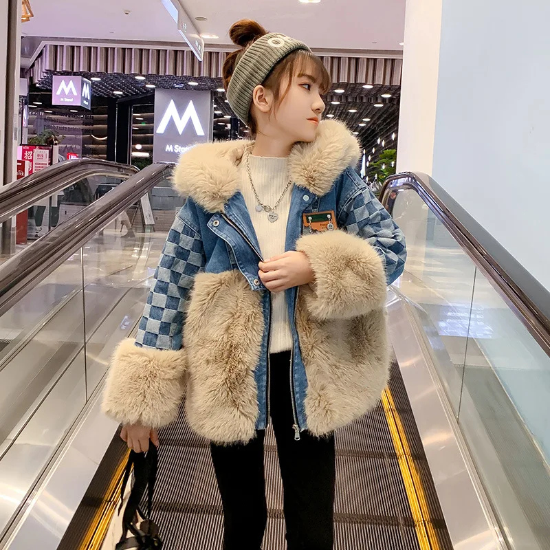 

2021 children's big-name little rich woman denim and woolen coat girls thicken and keep warm