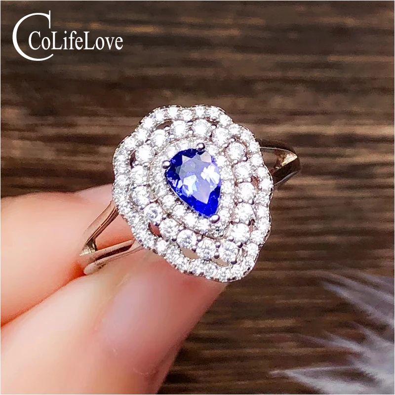 

CoLife Jewlery 925 Silver Tanzanite Ring for Engagement 4mm*6mm Pear Cut Tanzanite Silver Ring Silver Wedding Ring Gift for Girl