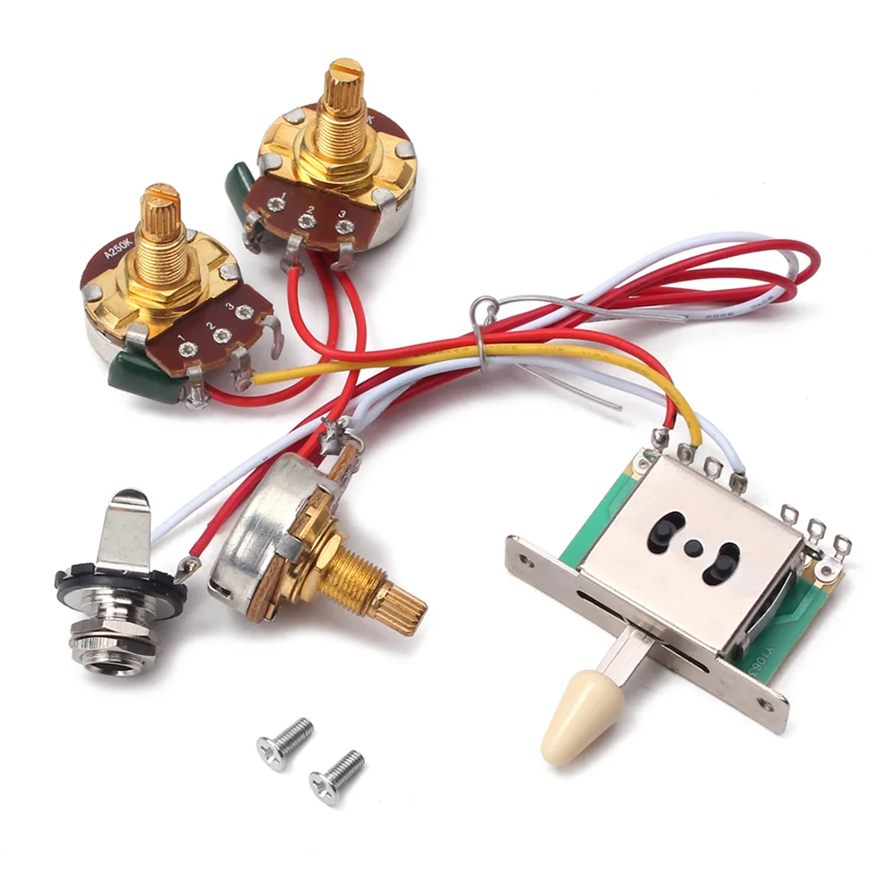 

1 Set Electric Guitar Wiring Harness Prewired Kit 5 Way Toggle Switch 1 Volume 1 Tone Pot Jack 250K 1T1V GU104
