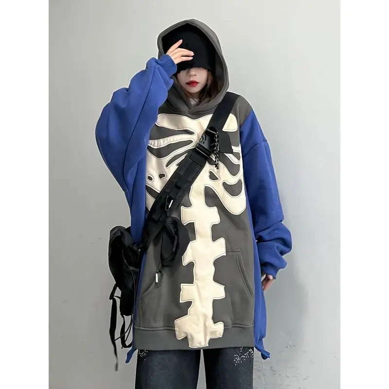 

Толстовка со скелетом Женская толстовка в стиле пэчворк на молнии осень-зима 2022 уличная хип-хоп Повседневная Свободная бархатная Толстовка...