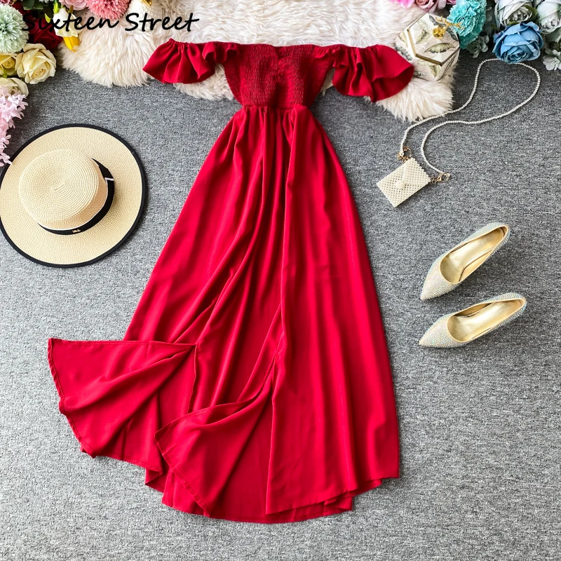 

Dresses for Women Summer Butterfly Sleeve Red Slash Neck Ruffle Backless Folds Vestido De Mujer Y2k Clothing Women Sexy Dress